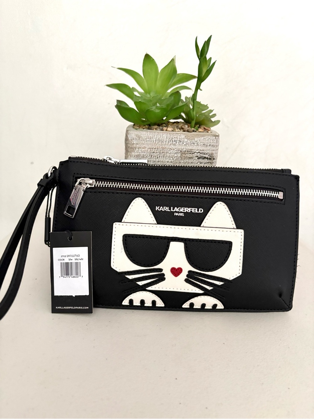Karl Lagerfeld Black Wristlet with White Cat Appliqué & Red Heart